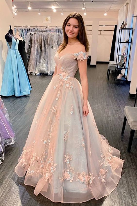 princess off the shoulder pink long and floral prom dress quincerean dress cg15867