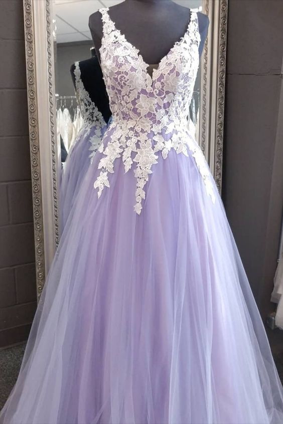 A-line Lavender and White Lace Long Prom Dress cg15869