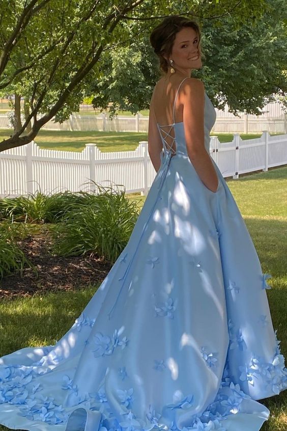 Elegant V-Neck Light Blue Satin Prom Dress with Flowers cg15872