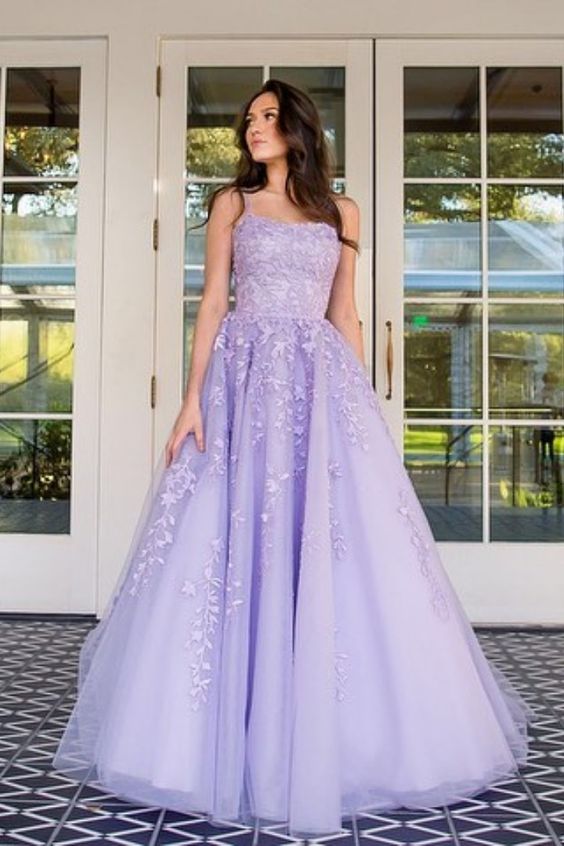 Lavender Lace Tulle Appliques Long Prom Gown cg15875