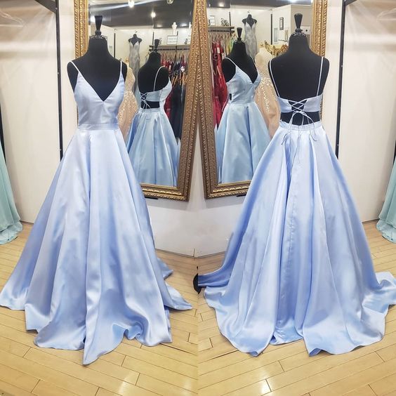A-line Blue Satin Long Prom Dress with Lace Up Back cg15896