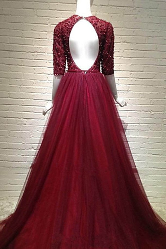 Wine tulle short sleeves sequins V-neck A-line long mother prom dress, evening dresses for prom cg15901