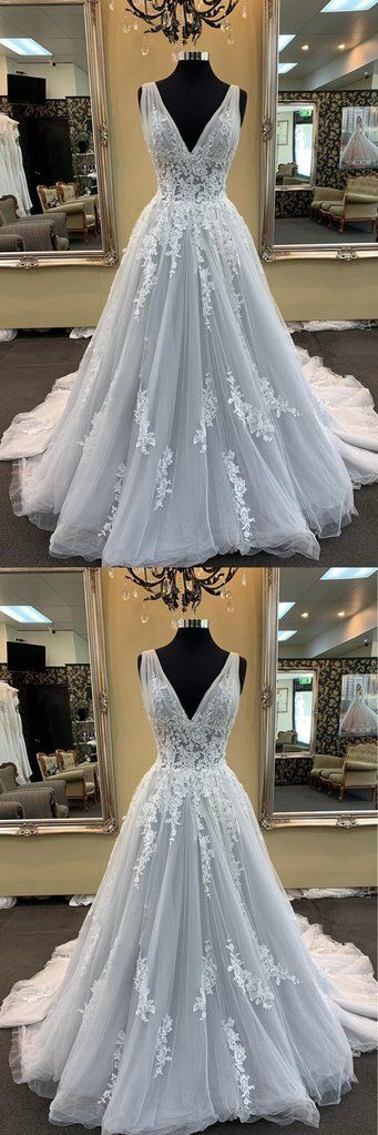 Gray Tulle V Neck Long Lace Up Sweep Train Evening Dress, Prom Dress With Applique cg15910