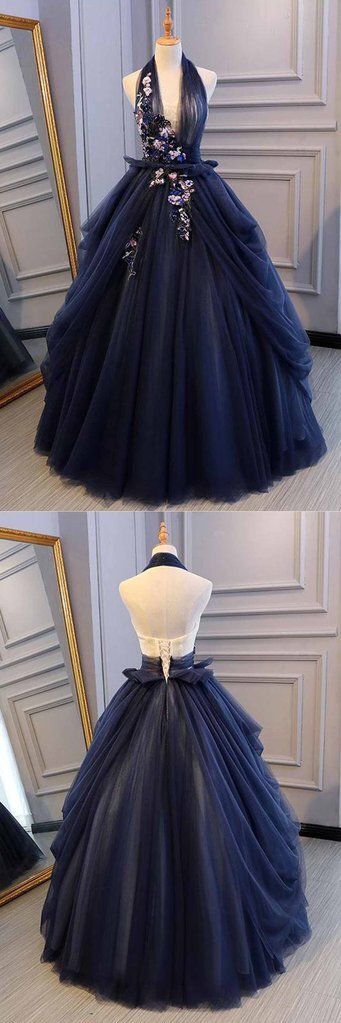 Navy Blue Tulle Backless V Neck Long Flower Lace Senior Prom Dress cg15913