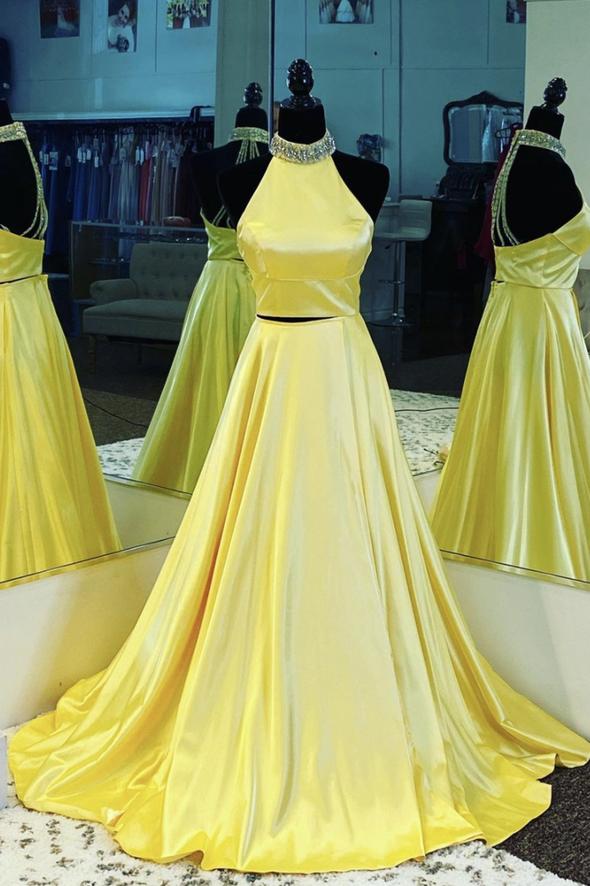 Yellow satin long prom dress two pieces evening dress cg15934