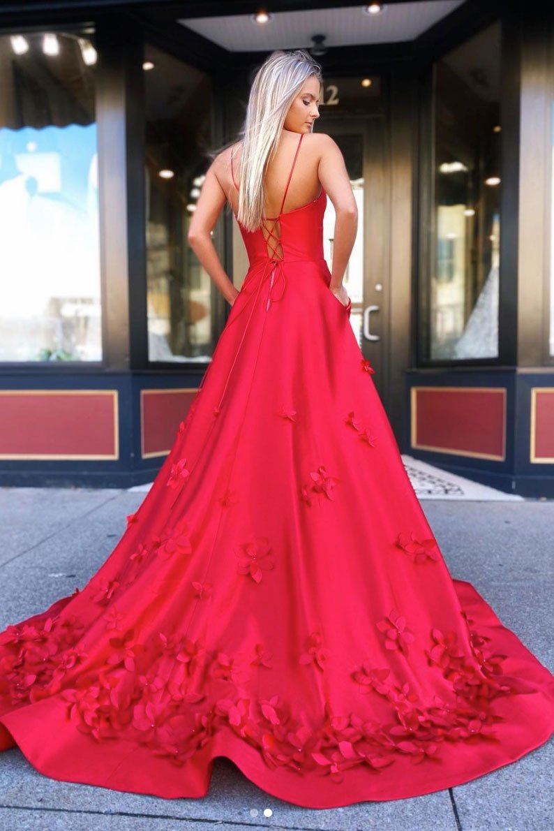 Red v neck satin long prom dress red satin long evening dress cg15942