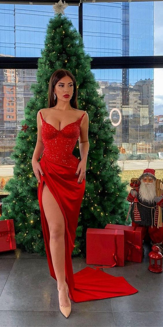 Straps Long Mermaid Prom Dresses, Red Satin Beaded Prom Dresses, Sexy 2021 Prom Dresses   cg15971