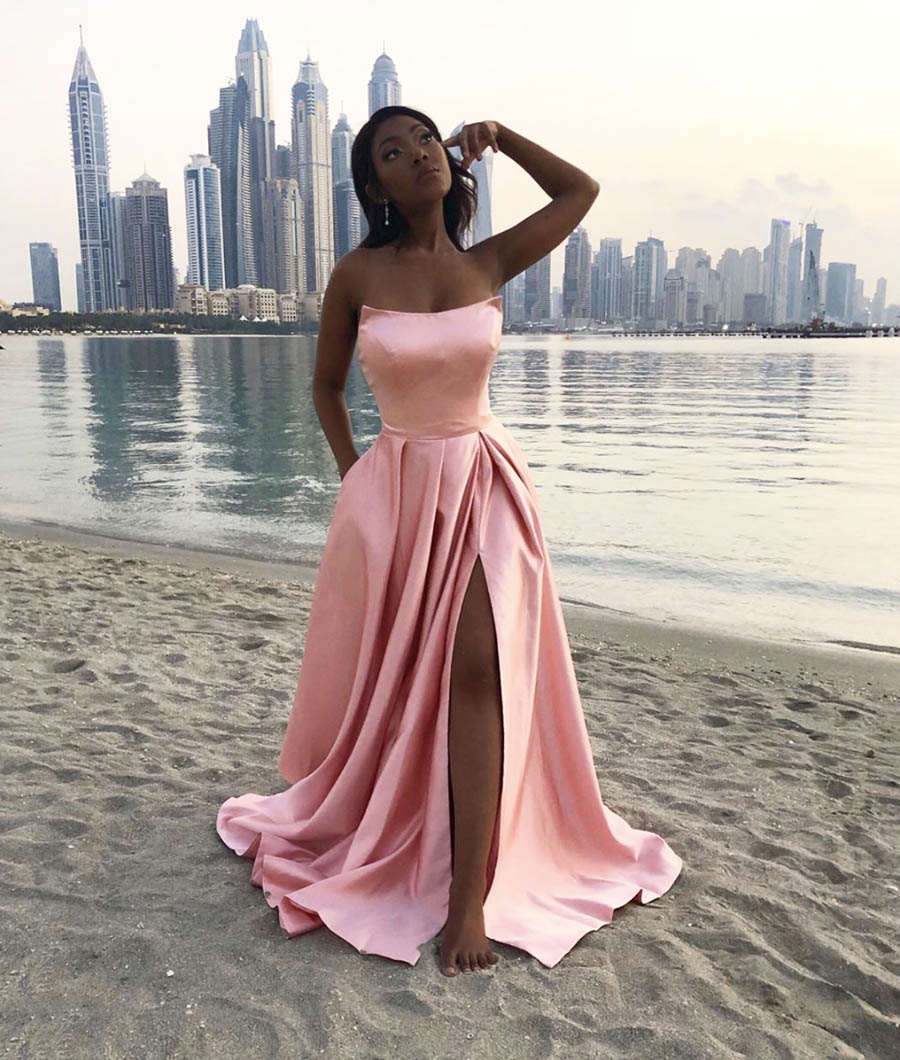 PINK SATIN LONG PROM DRESS SIMPLE EVENING DRESS cg15986