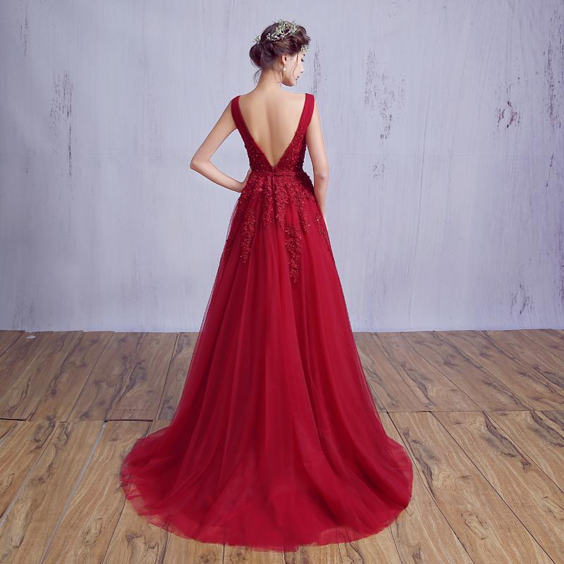 Fashionable Wine Red V Back Tulle Long Party Dress, A-Line Prom Dress cg15993