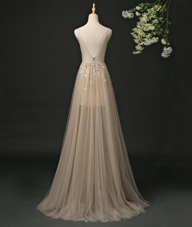 Champagne V-Neckline Tulle Sequins Long Party Dress, A-Line Formal Dress Prom Dress cg15994