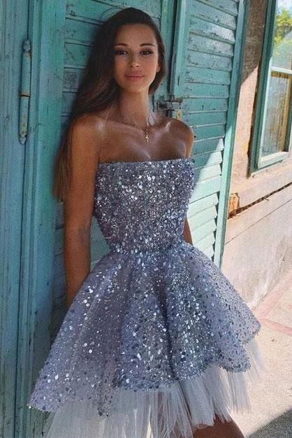 Blue Sequins Beaded Tulle Homecoming Dress,Strapless A Line Party Dress cg16022