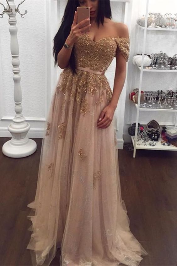 Elegant Tulle Long Champagne Prom Dresses cg16048