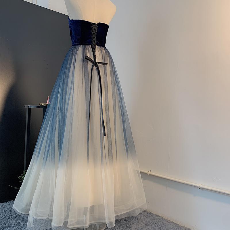 Unique Navy Blue Gradient Tulle With Velvet Top Prom Dress, Tulle Long Party Dress Formal Dress cg16075