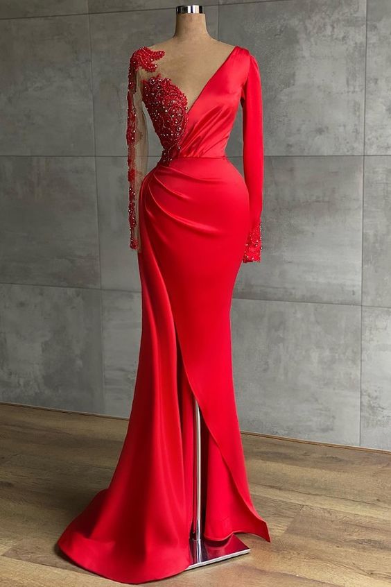 Red evening dress long | Prom dresses with sleeves cg16094