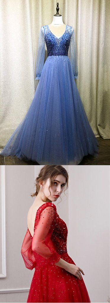 Blue Tulle Open Back Long A Line Evening Dress Prom Dress With Long Sleeves cg16098