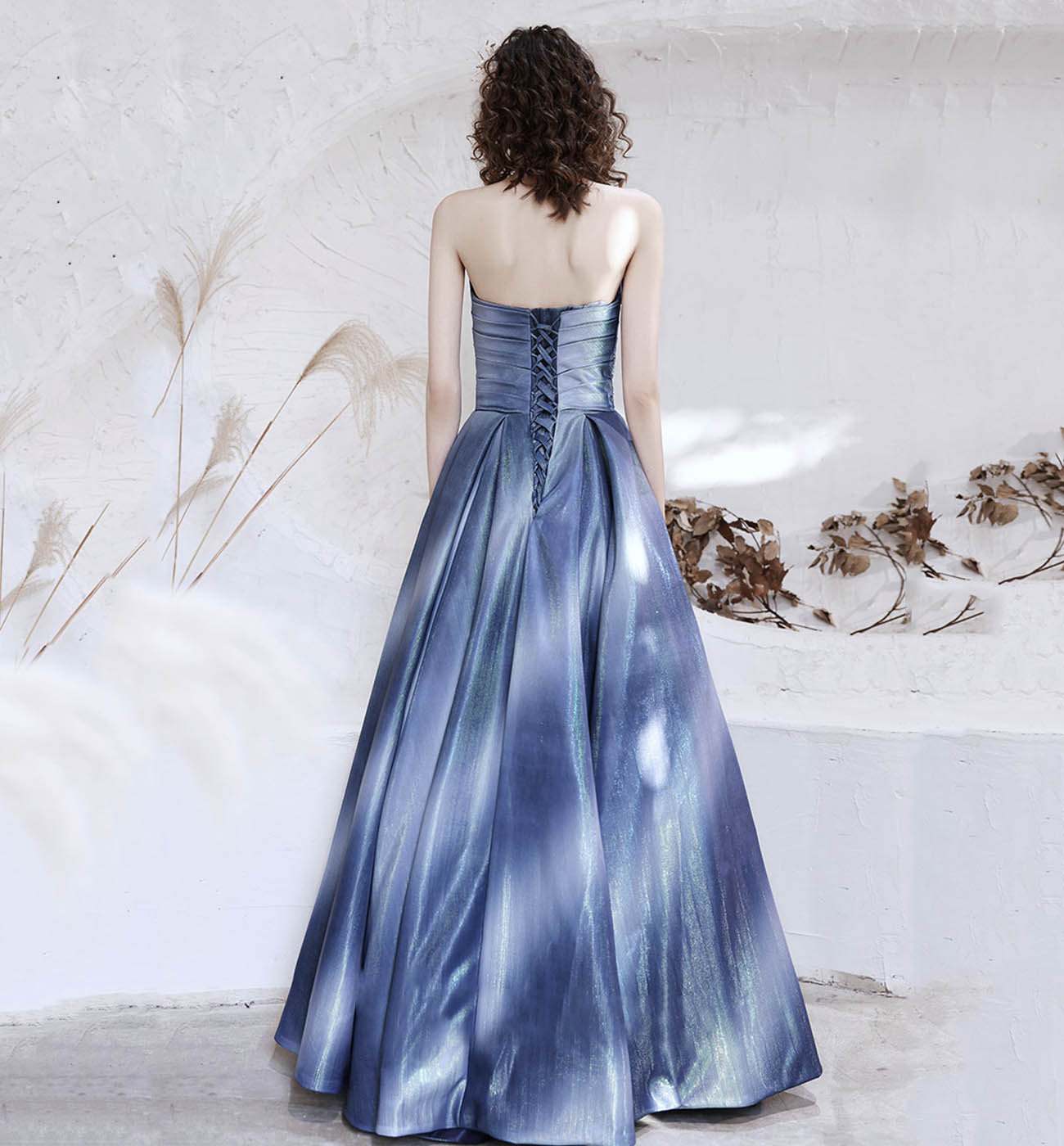 UNIQUE SATIN LONG PROM DRESS BLUE EVENING DRESS cg16138