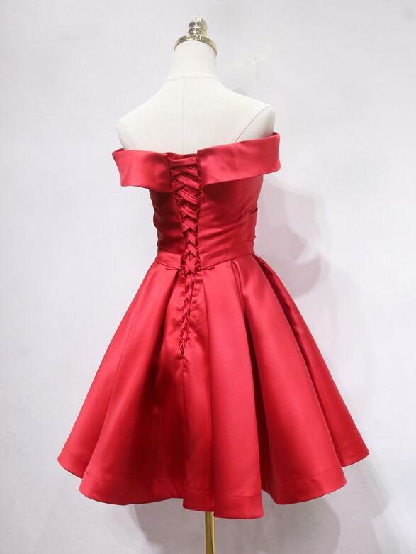 Red Satin Off Shoulder Short Party Dress, Red Homecoming Dress cg16141
