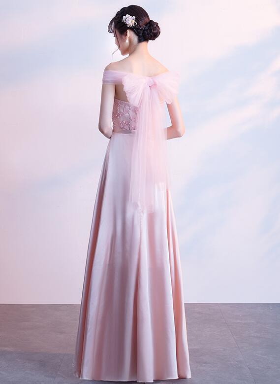Pink Off Shoulder Lace And Satin Evening Dress, Pink Long Prom Dresss cg16142