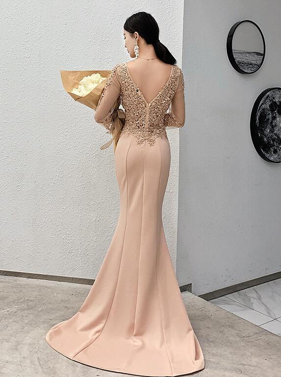 Beautiful Mermaid Champagne Long Sleeves Party Dress, Lace Applique Prom Dress cg16145