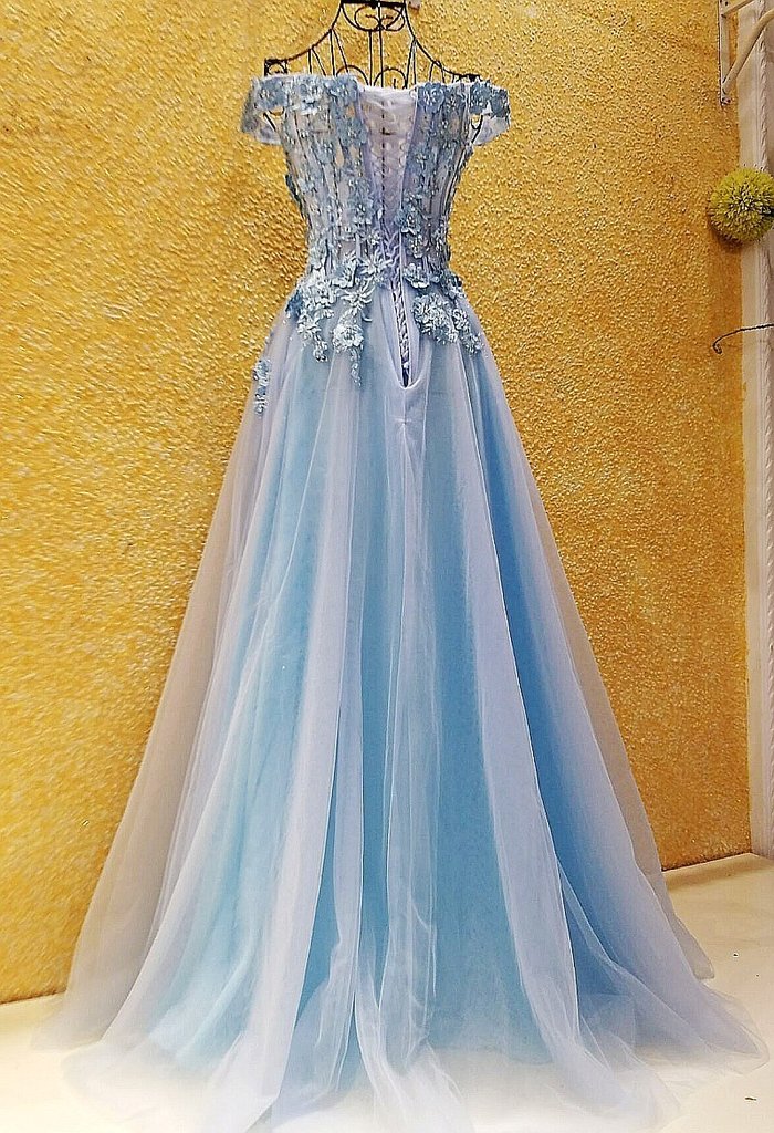 Light Blue Off Shoulder Tulle Lace Applique Party Dress, Blue Prom Dress 2021 cg16206