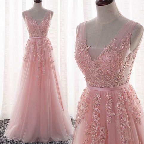 Beautiful Pink Applique Lace Charming Long Tulle Prom Dresses cg16213