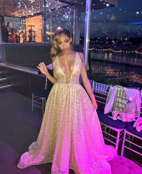 Shiny Gold Sequins Deep V-neck Prom Dresses cg16217