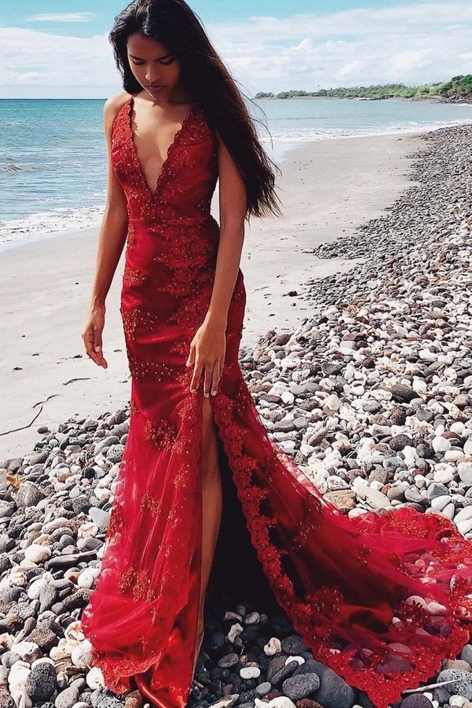 Mermaid V Neck Red Beaded Lace Floral Prom Dress cg16222