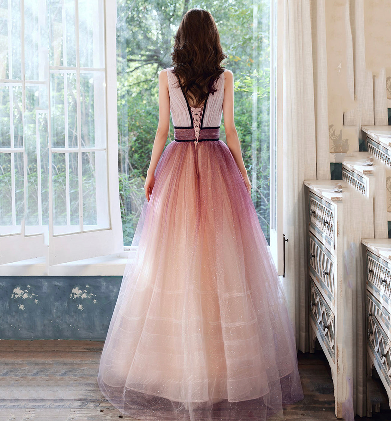 PINK V NECK TULLE LONG PROM DRESS EVENING DRESS cg16256