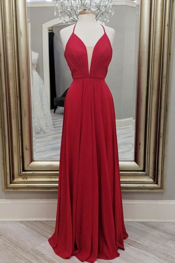 simple red chiffon long maxi prom dress cg16264