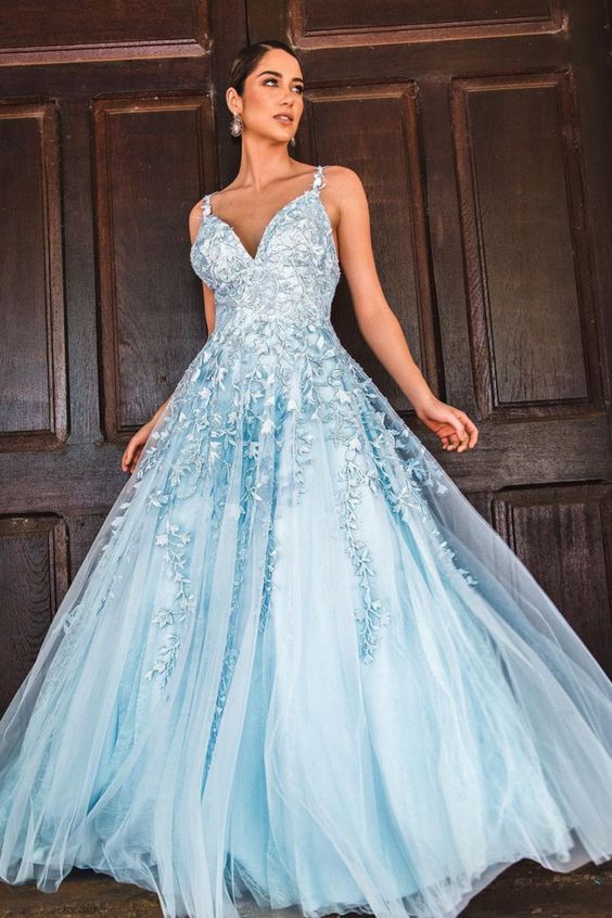 A-line light blue long prom dress with lace appliques cg16265