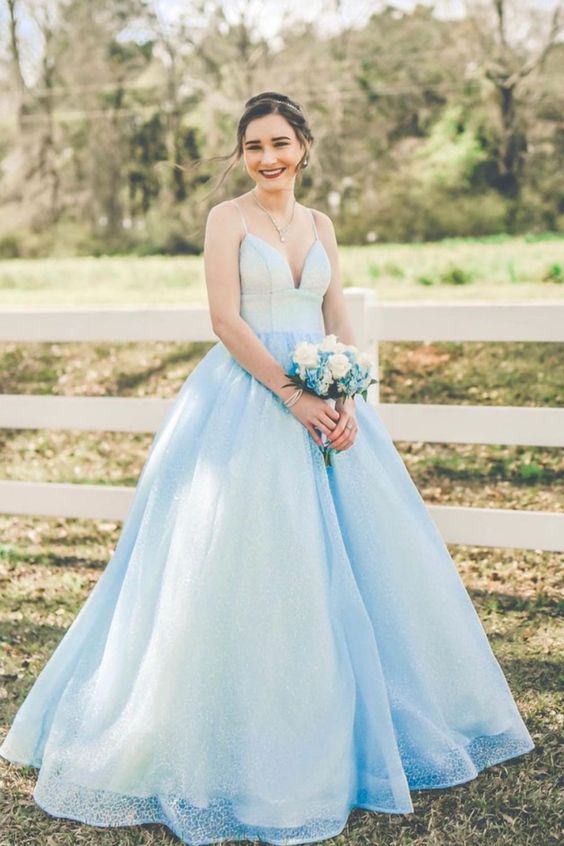 A-line blue long prom dress features with spaghetti straps cg16267