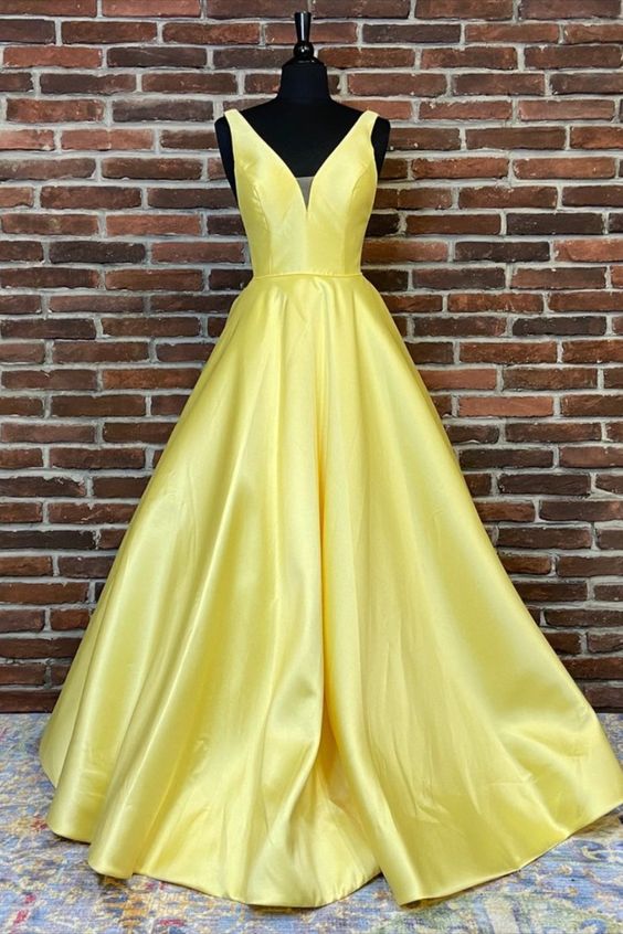 simple A-line yellow satin long prom dress with v neck cg16268