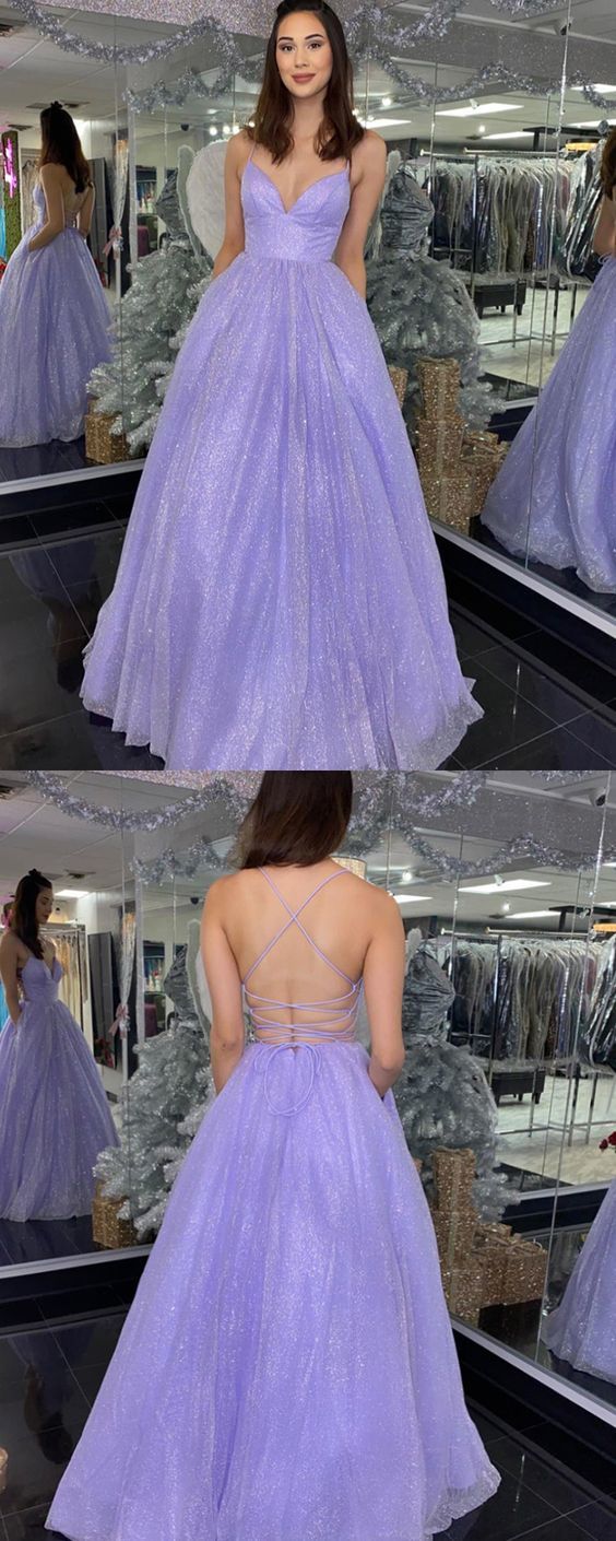 Spaghetti Straps Lavender Sequin Prom Dress with Pockets cg16289