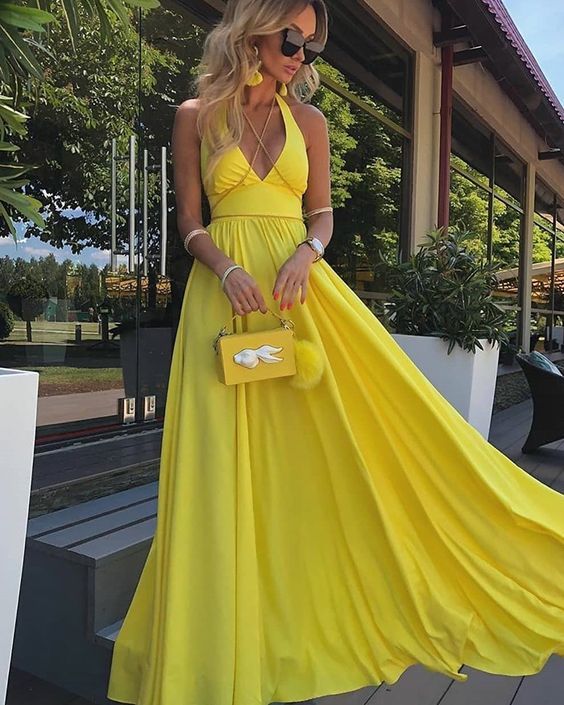 Simple Halter Yellow Satin Pleated Prom Dress cg16290