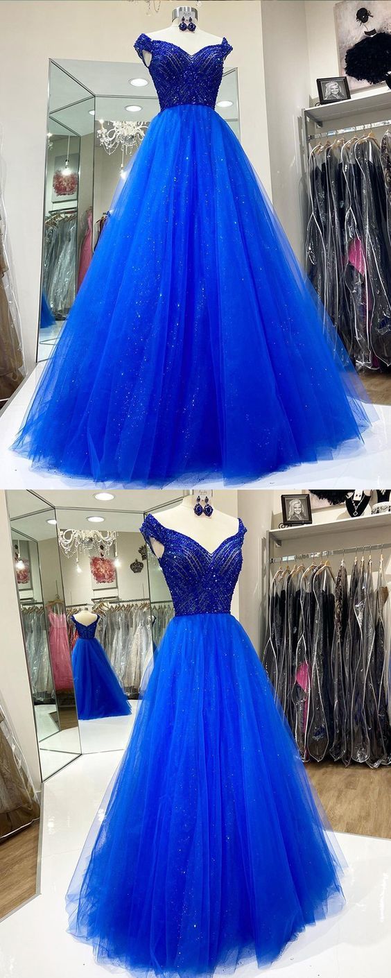 Off the Shoulder Blue Beading Bodice Tulle Prom Dress cg16291