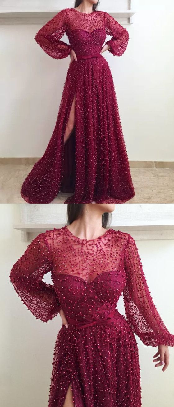 Luxury Pearl Long Sleeve Burgundy Long Prom Dress with Split cg16299