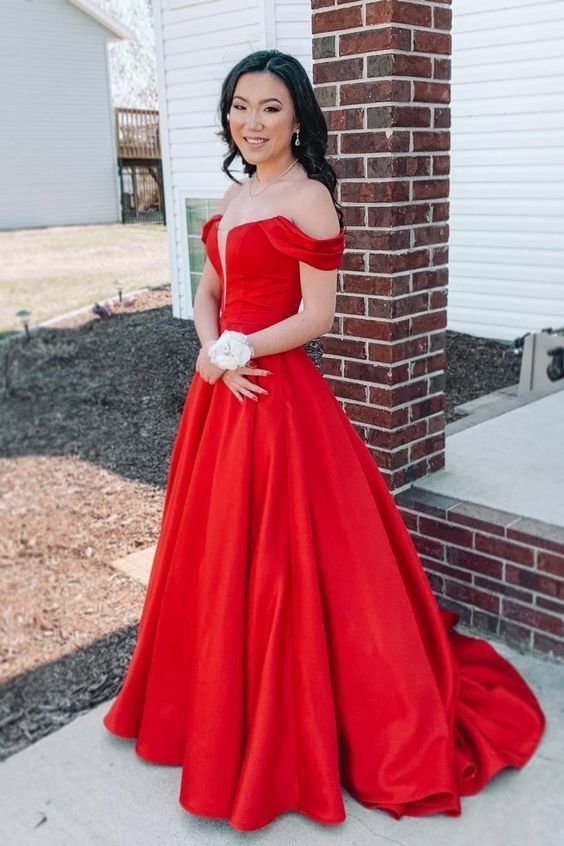 Off the Shoulder Red Long Ball Gown with Pockets Long Prom Party Gowns cg16314