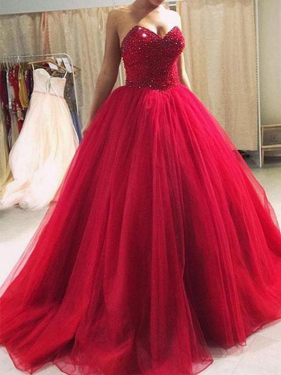 Elegant Sweetheart neckline Tulle Quinceanera Dresses, Red Formal Evening Dress, Ball Gown Prom Dress cg16315
