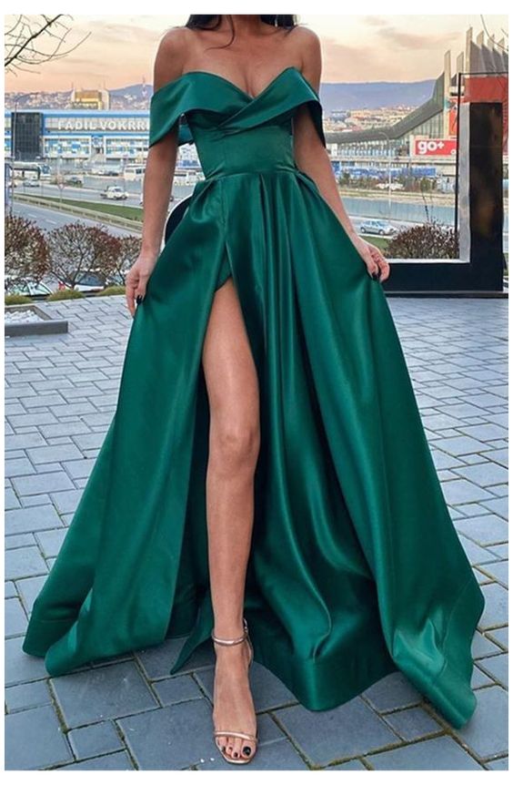 Emerald Green Satin Long Prom Dresses, Off Shoulder Dark Green High Slit Long Formal Evening Dresses cg16332