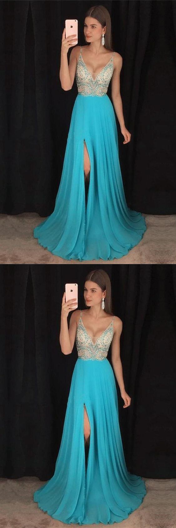 Beautiful Spaghetti Straps Blue Long Beading Chiffon V-neck Prom Dresses cg16348