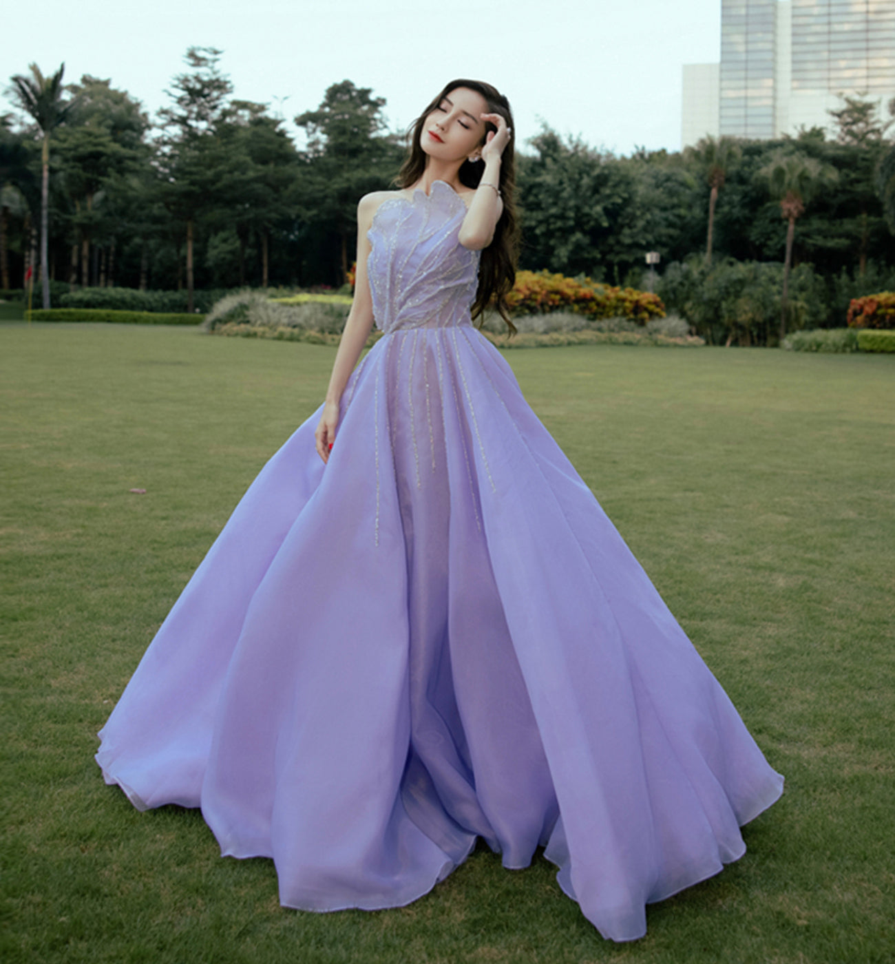 UNIQUE TULLE LONG LILAC PROM DRESS A LINE EVENING DRESS cg16370