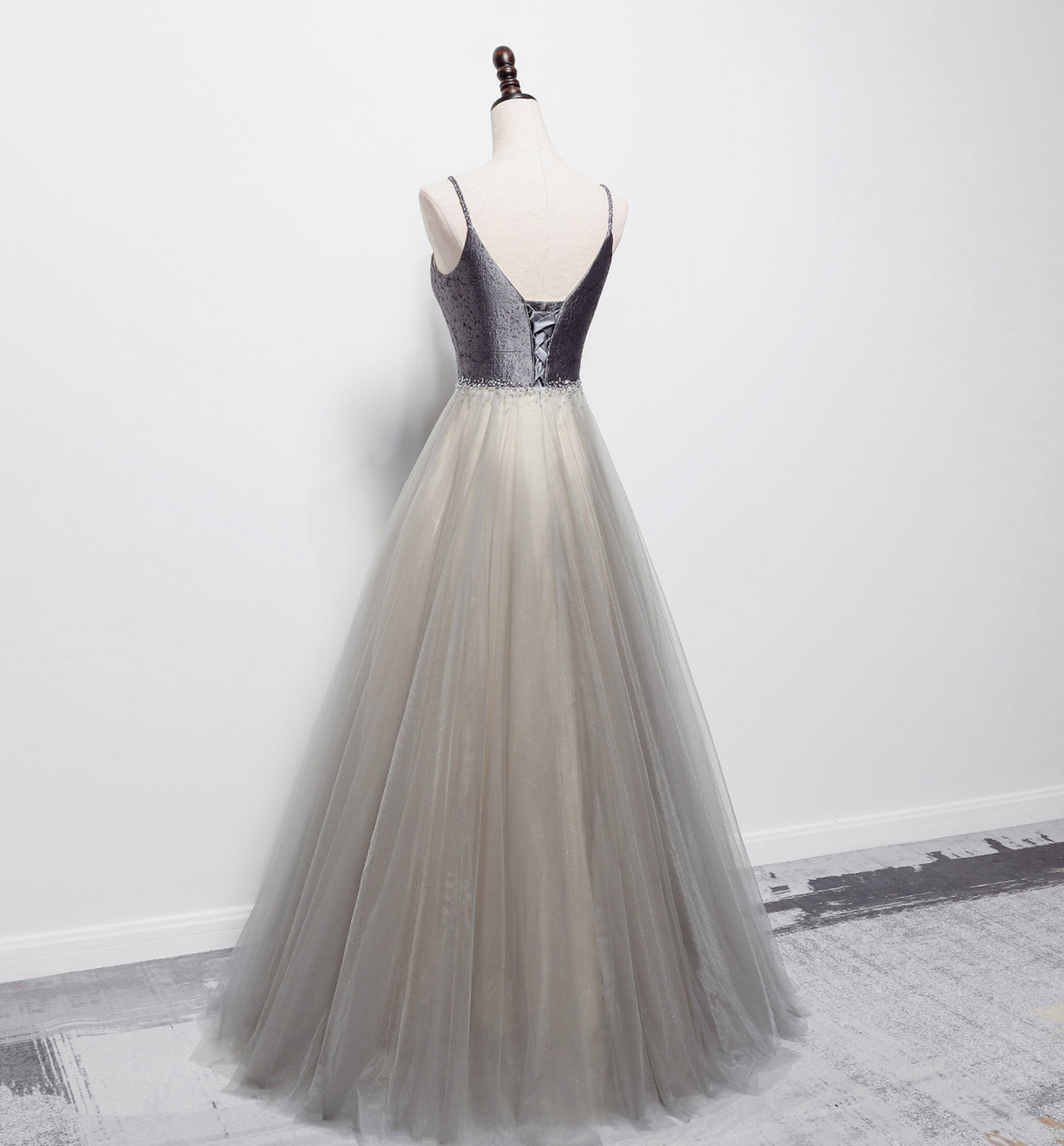 GREY V NECK TULLE LONG PROM DRESS EVENING DRESS cg16371