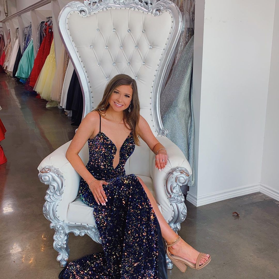 Dark Navy Sequined Mermaid Long Evening Dress prom dress with slit cg16373