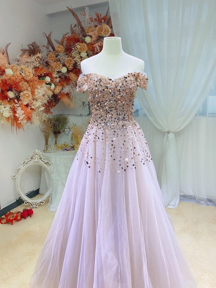 Pink Shiny Sequins Off Shoulder Tulle Ball Gown Prom Dress, Pink Long Party Dress cg16385