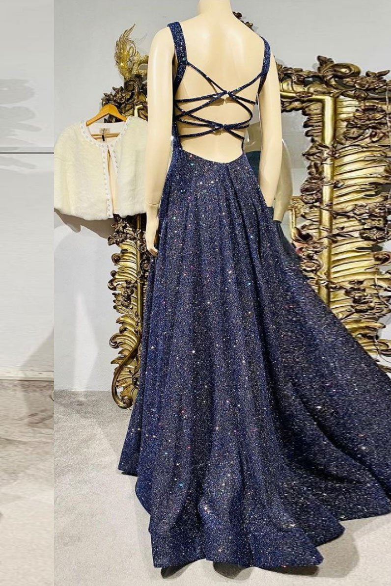 Dark blue sequin long prom dress , blue evening dress cg16391