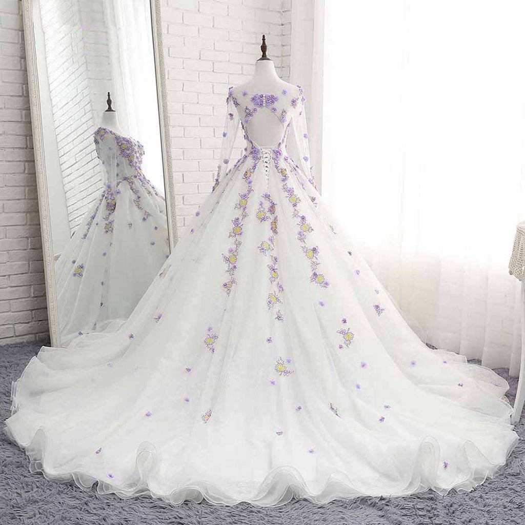 White Tulle Ruffles Long 3D Flower Lace Applique Prom Dress, Quinceanera Dress With Sleeve cg16403
