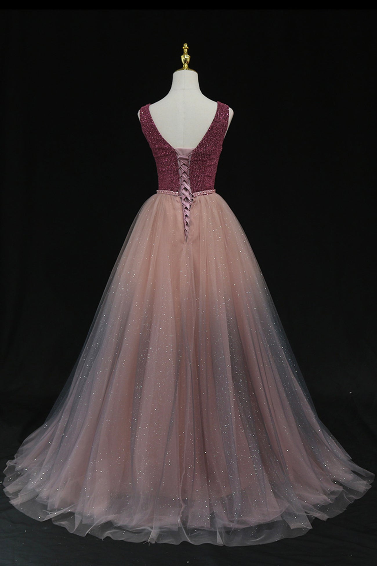 SHINY V NECK TULLE LONG PROM GOWN FORMAL DRESS cg16422