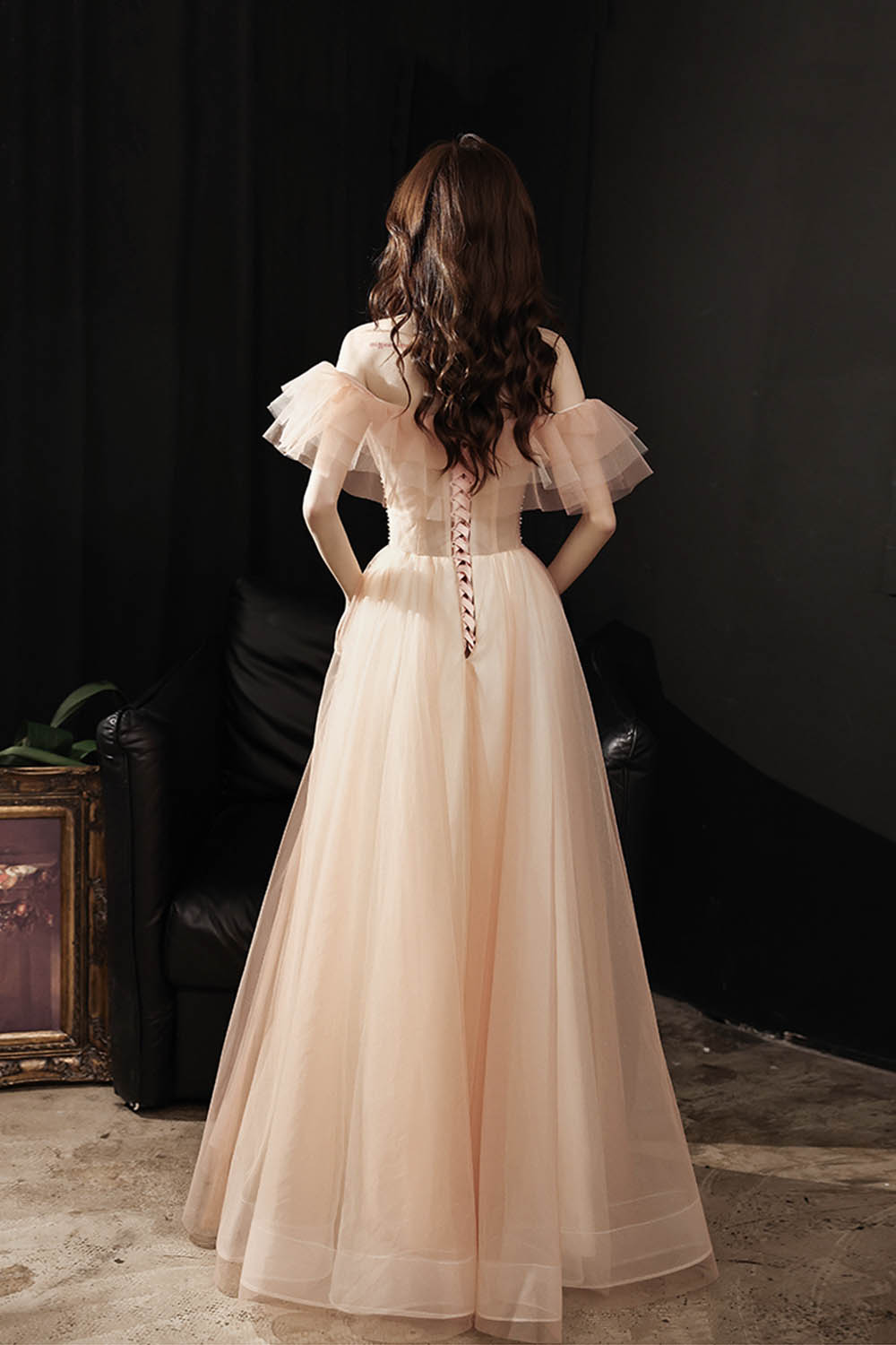 PINK TULLE SEQUINS LONG PROM DRESS EVENING DRESS cg16424