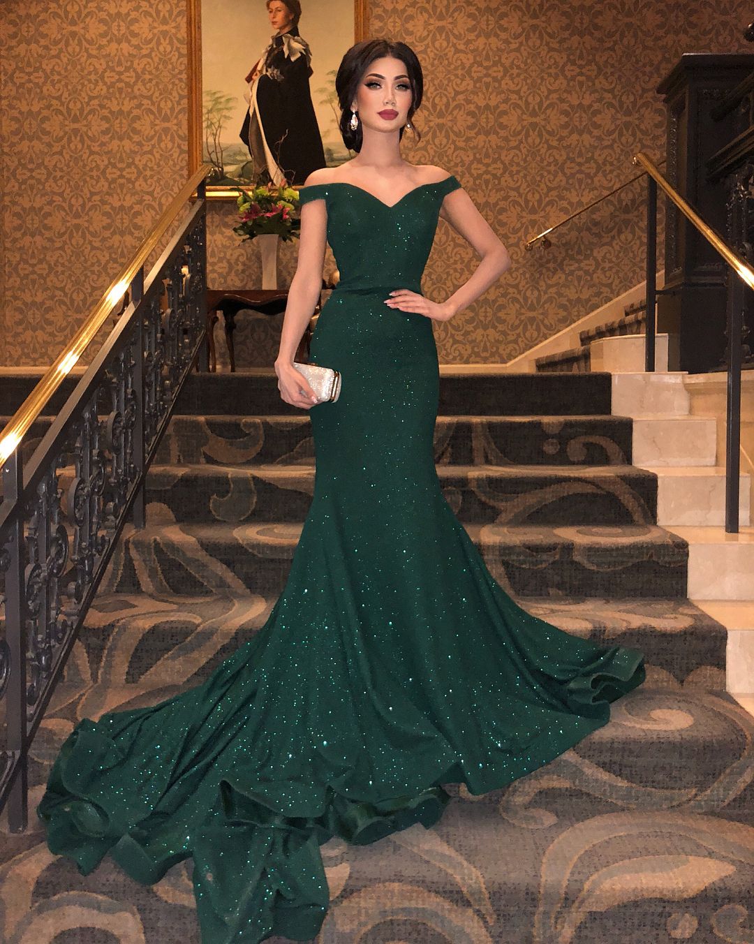 Dark Green Mermaid Off the Shoulder Long Evening Dres cg16429