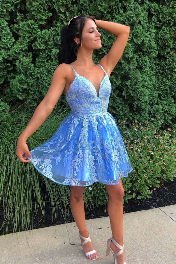 Lace-Up Sequined Sky Blue Homecoming Dress with Flowers cg16431